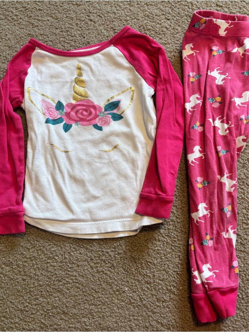 Girls' Pink Unicorn Floral Pajama Set - Long Sleeve Top & Pants 3T